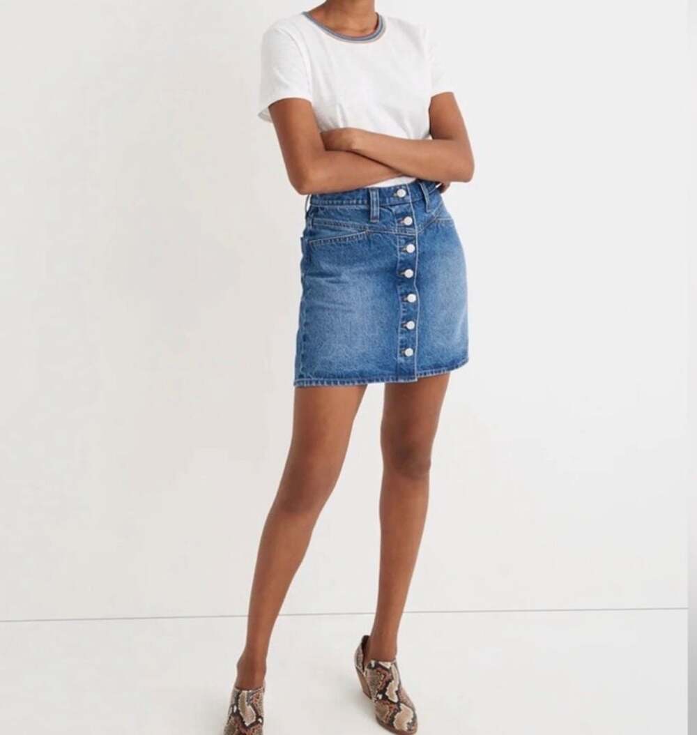 Madewell Button-Front A-Line Denim Mini Skirt 29 - Picture 4 of 8